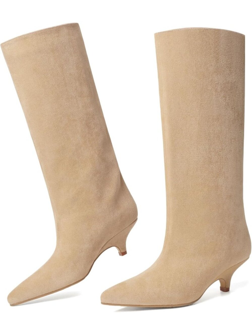 Women's Khaki Suede Pointed-Toe Folded Wide Calf Low Kitten Knee-High Boot